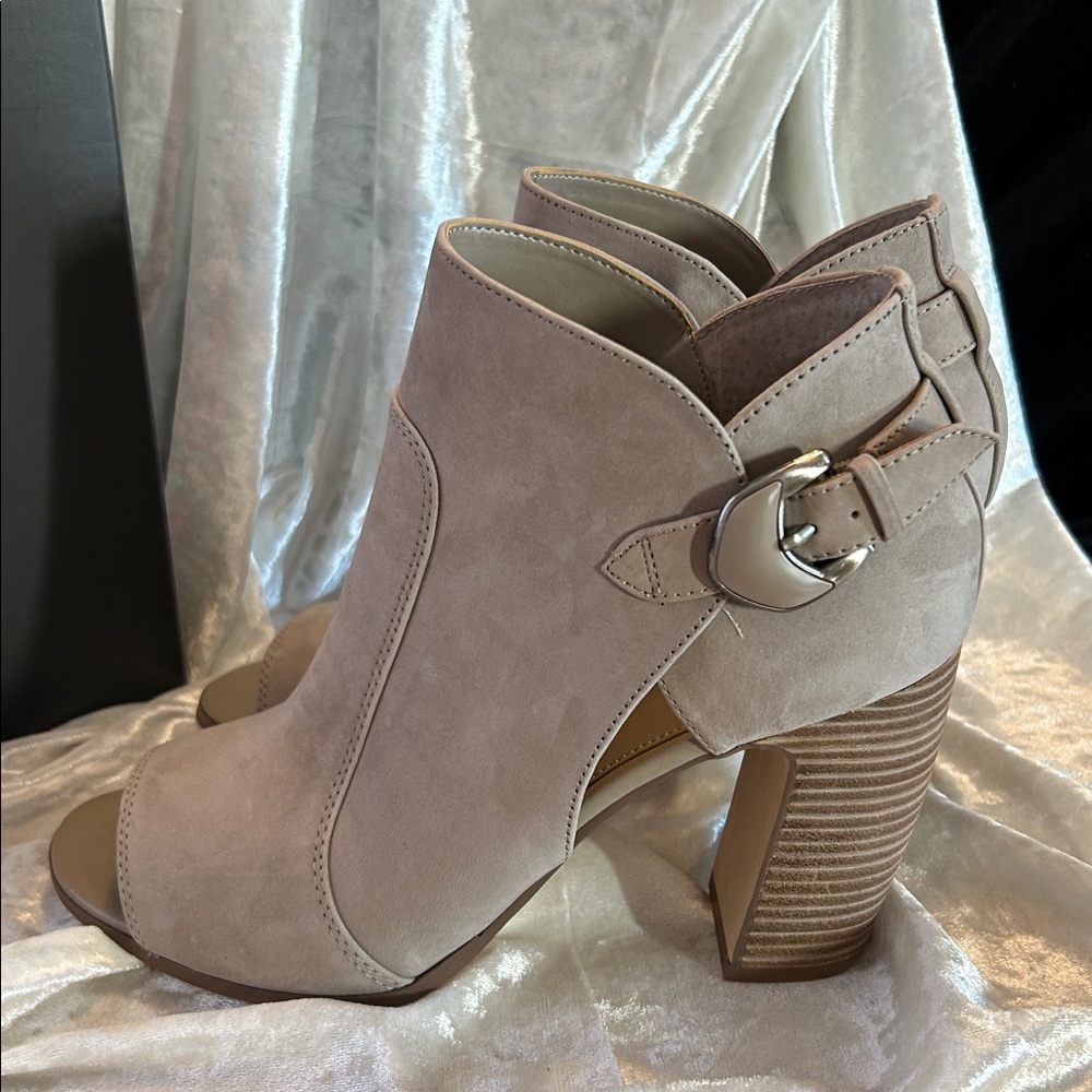 Vince Camuto Taupe Suede Open-Toe Stacked Heel Booties - Picture 5 of 11